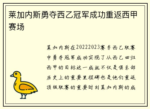 莱加内斯勇夺西乙冠军成功重返西甲赛场 莱加内斯勇夺西乙冠军成功重返西甲赛场